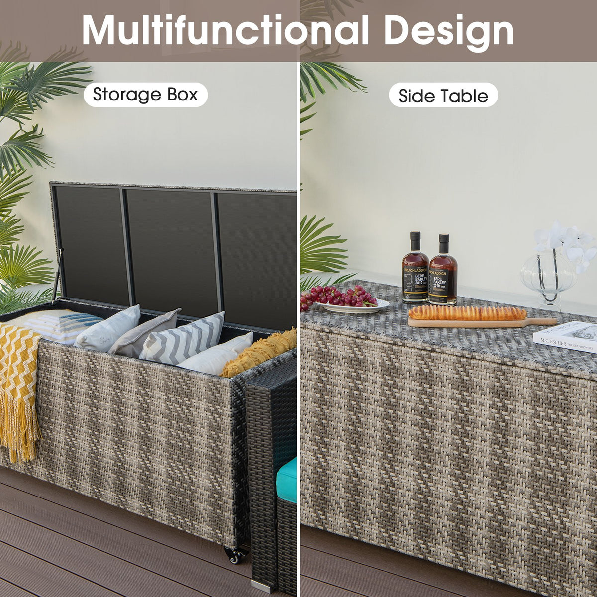 96 Gallon PE Wicker Outdoor Storage Box with 4 Wheels-Gray view 6