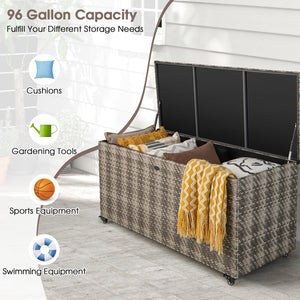 96 Gallon PE Wicker Outdoor Storage Box with 4 Wheels-Gray view 7