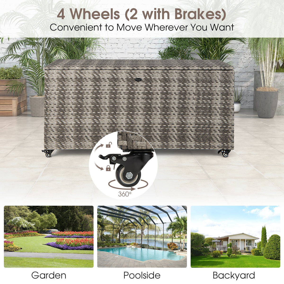 96 Gallon PE Wicker Outdoor Storage Box with 4 Wheels-Gray view 9