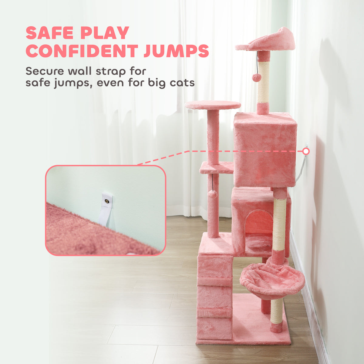63 Inch Cat Tree with Sisal Scratching Posts, Condos, Plush Perches, Hammock, Ladder, Dangling Balls, Beige – view 33