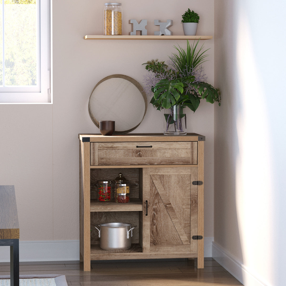Rustic Barn Door Storage Cabinet Modern Farmhouse Buffet Sideboard for Kitchen & Dining Room Dark Oak – view 13