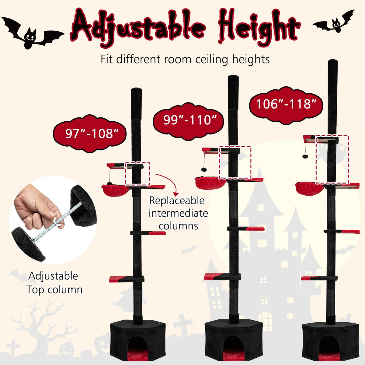 Floor to Ceiling Gothic Cat Tree 97-118 Inches Adjustable 5-Tier with Condo-Black view 4
