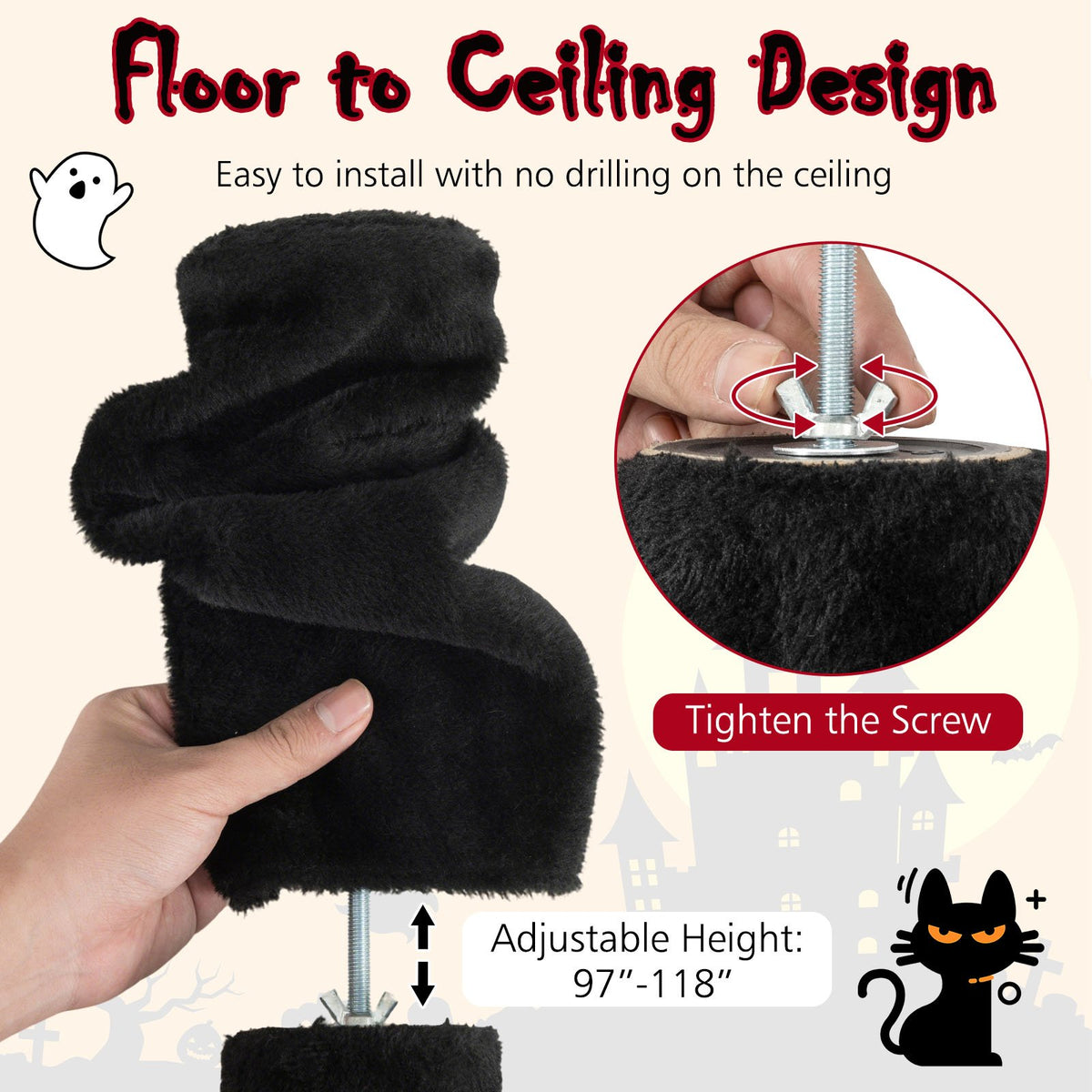 Floor to Ceiling Gothic Cat Tree 97-118 Inches Adjustable 5-Tier with Condo-Black view 5