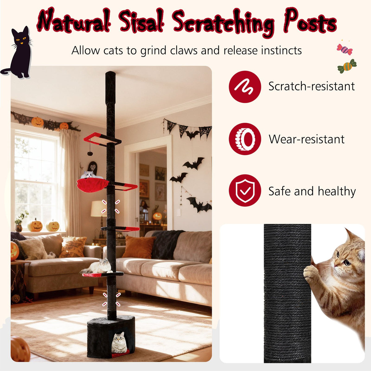 Floor to Ceiling Gothic Cat Tree 97-118 Inches Adjustable 5-Tier with Condo-Black view 9