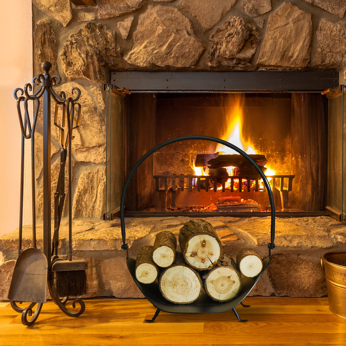 16" Firewood Log Rack Curved Fireplace Log Holder Wood Storage Basket Carrier with Flexible Handle, for Outdoor and Indoor Use, Black