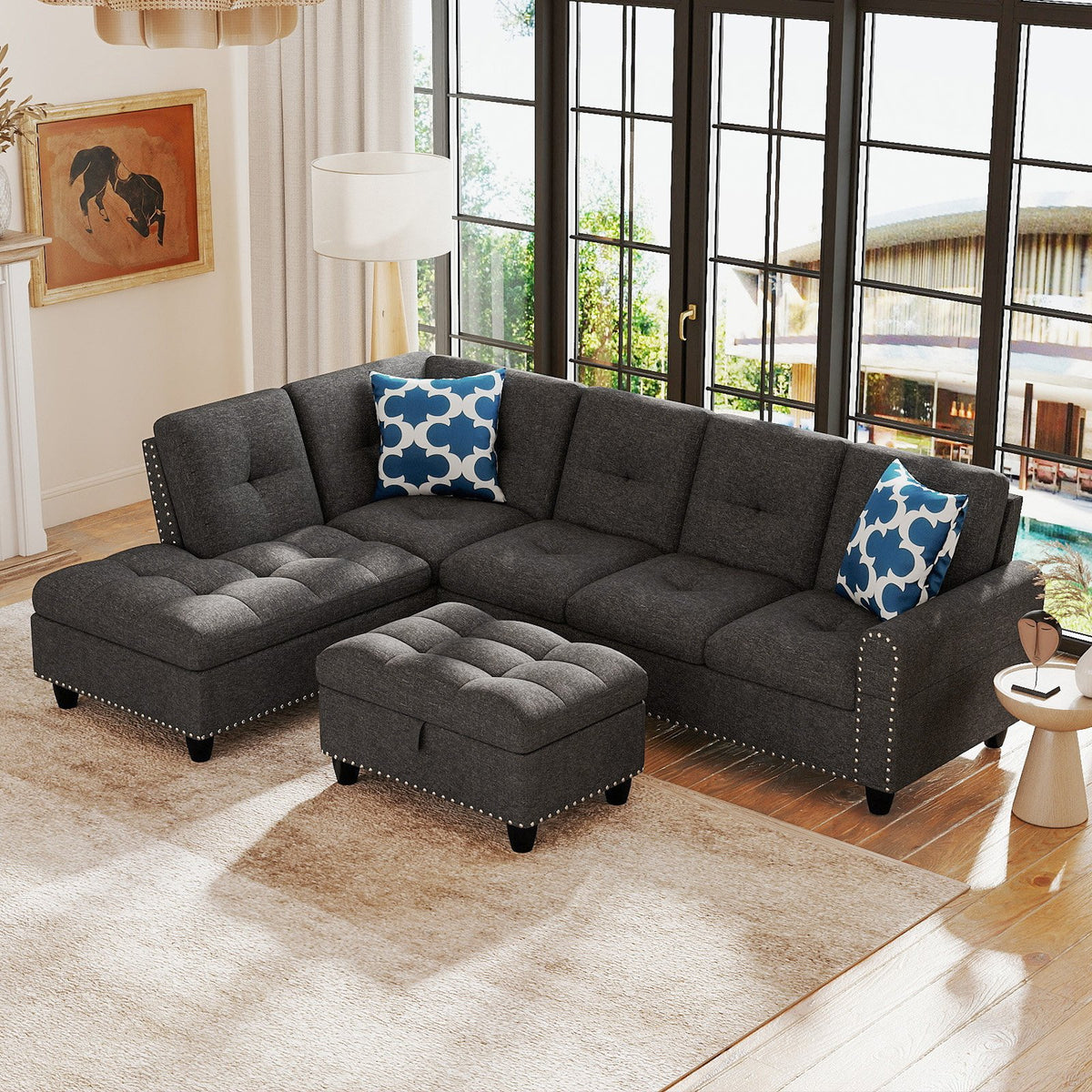 98 Inches Sectional Sofa Couch with Movable Storage Ottoman and Linen Fabric Backs-DG view 2