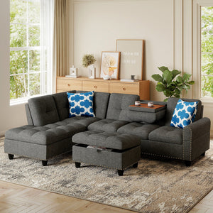 98 Inches Sectional Sofa Couch with Movable Storage Ottoman and Linen Fabric Backs-DG view 3