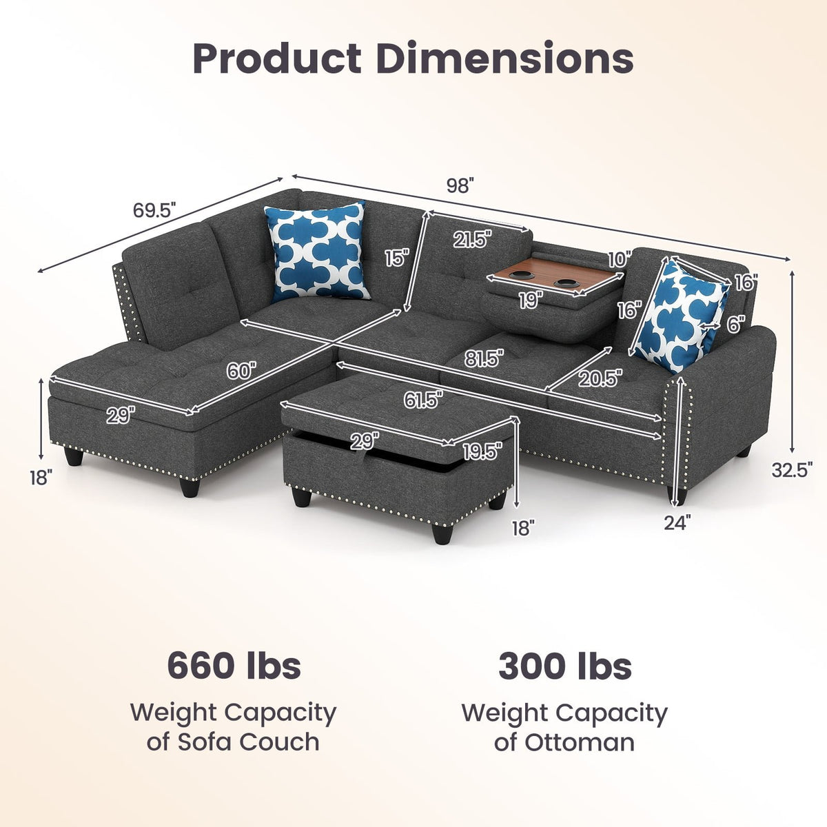 98 Inches Sectional Sofa Couch with Movable Storage Ottoman and Linen Fabric Backs-DG view 5