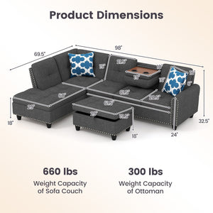 98 Inches Sectional Sofa Couch with Movable Storage Ottoman and Linen Fabric Backs-DG view 5