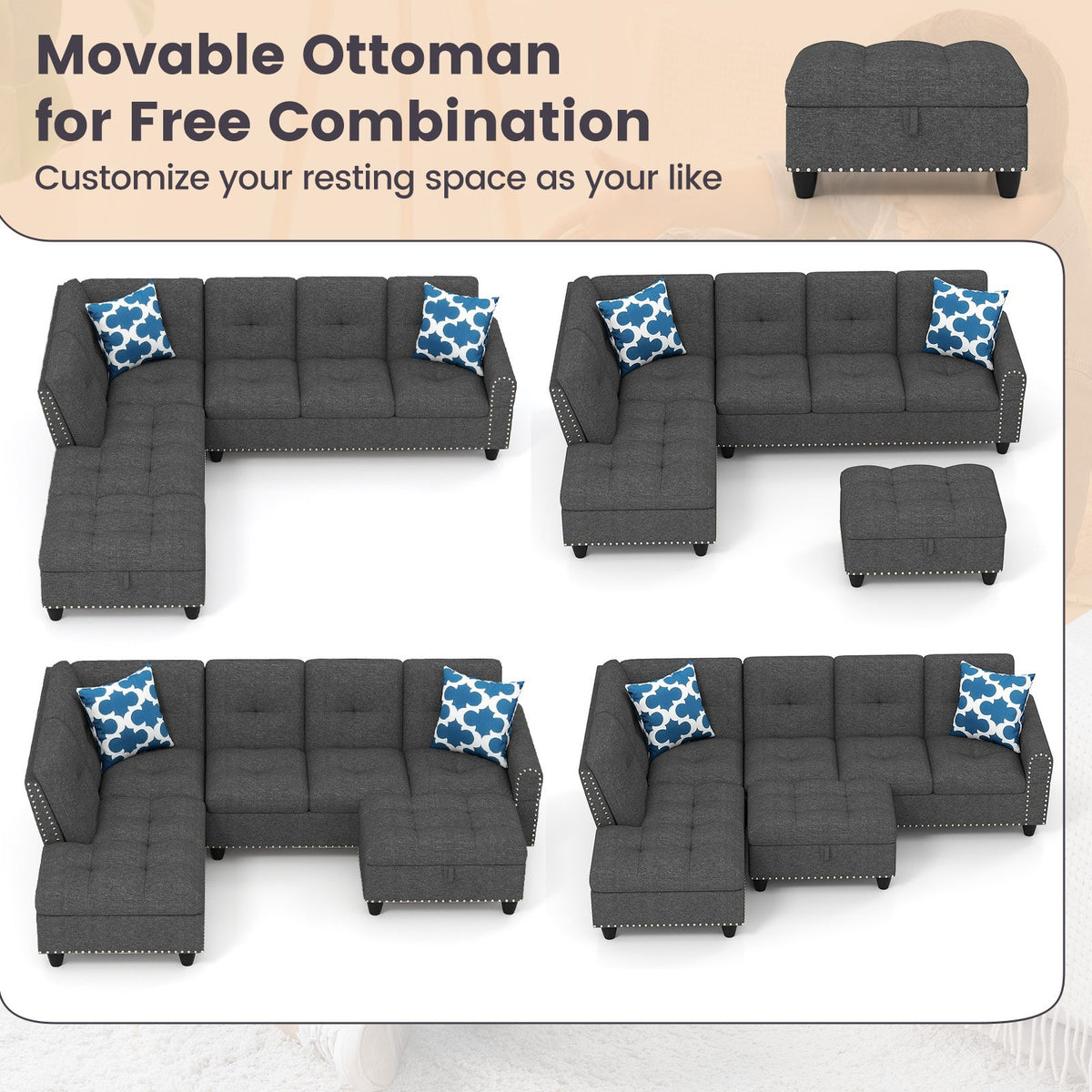 98 Inches Sectional Sofa Couch with Movable Storage Ottoman and Linen Fabric Backs-DG view 7