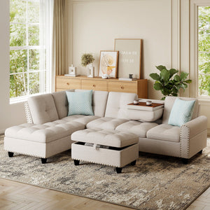 98 Inches Sectional Sofa Couch with Movable Storage Ottoman and Linen Fabric Backs-LR view 3