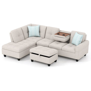 98 Inches Sectional Sofa Couch with Movable Storage Ottoman and Linen Fabric Backs-LR view 4