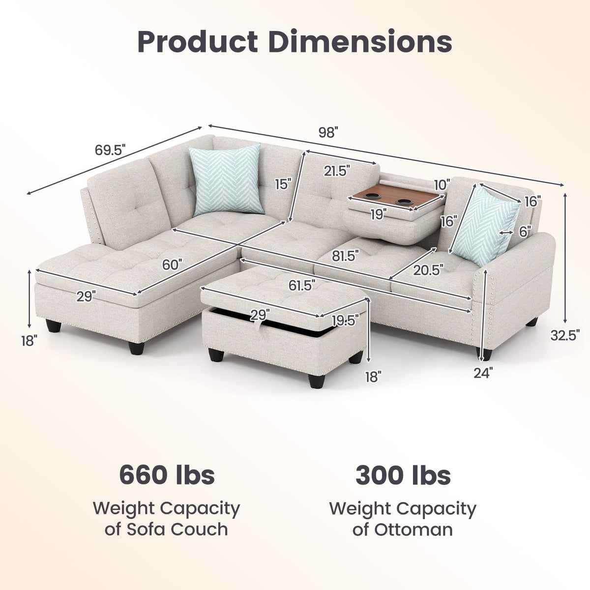 98 Inches Sectional Sofa Couch with Movable Storage Ottoman and Linen Fabric Backs-LR view 5