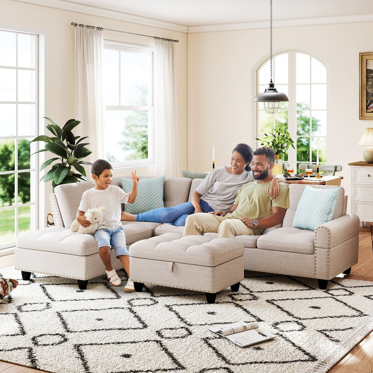 98 Inches Sectional Sofa Couch with Movable Storage Ottoman and Linen Fabric Backs-LR view 6