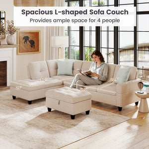 98 Inches Sectional Sofa Couch with Movable Storage Ottoman and Linen Fabric Backs-LR view 7