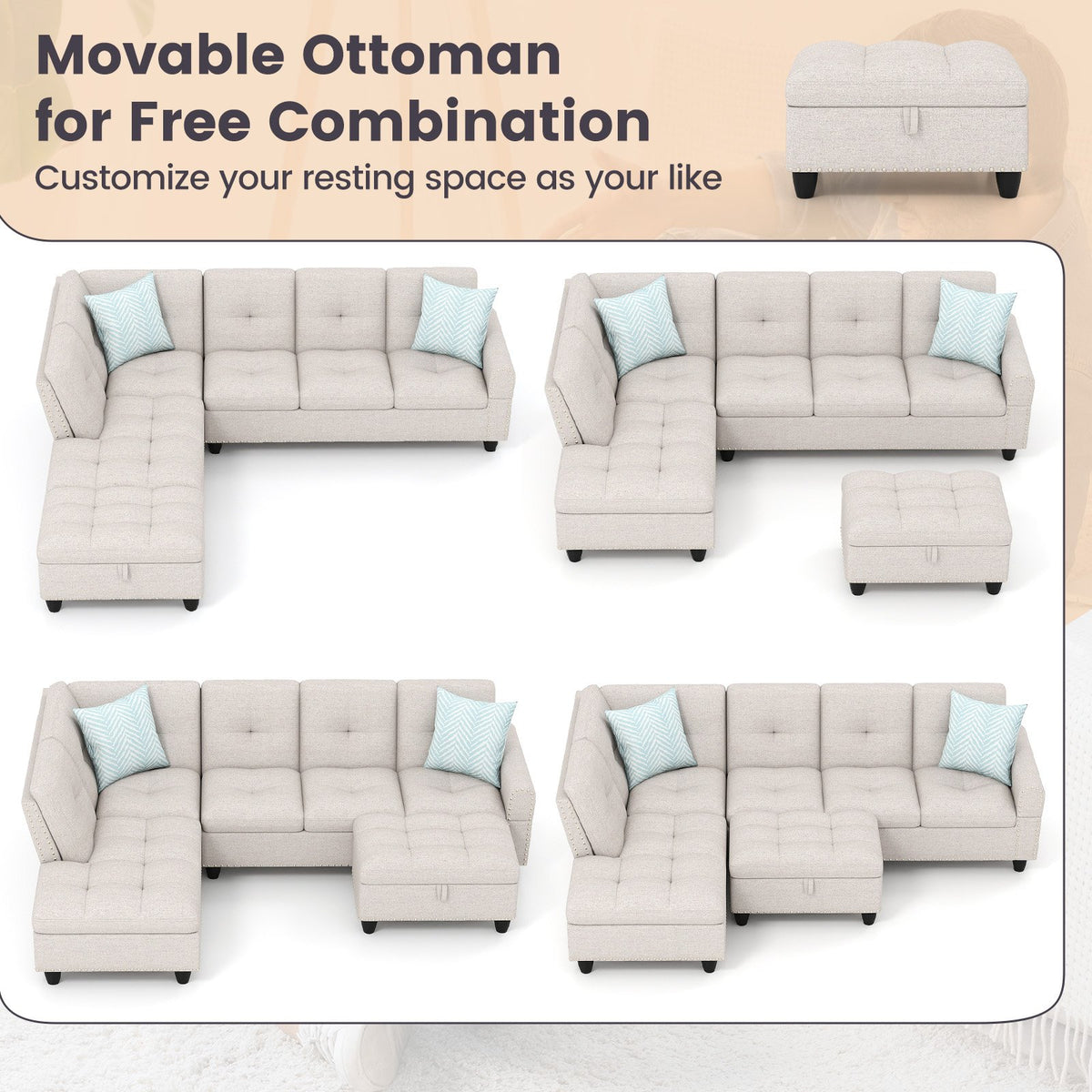 98 Inches Sectional Sofa Couch with Movable Storage Ottoman and Linen Fabric Backs-LR view 8