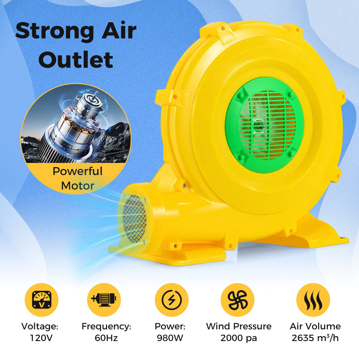 980W Bounce House Blower 1.31 HP Portable Air Pump Fan with Handle and Ground Stakes view 6