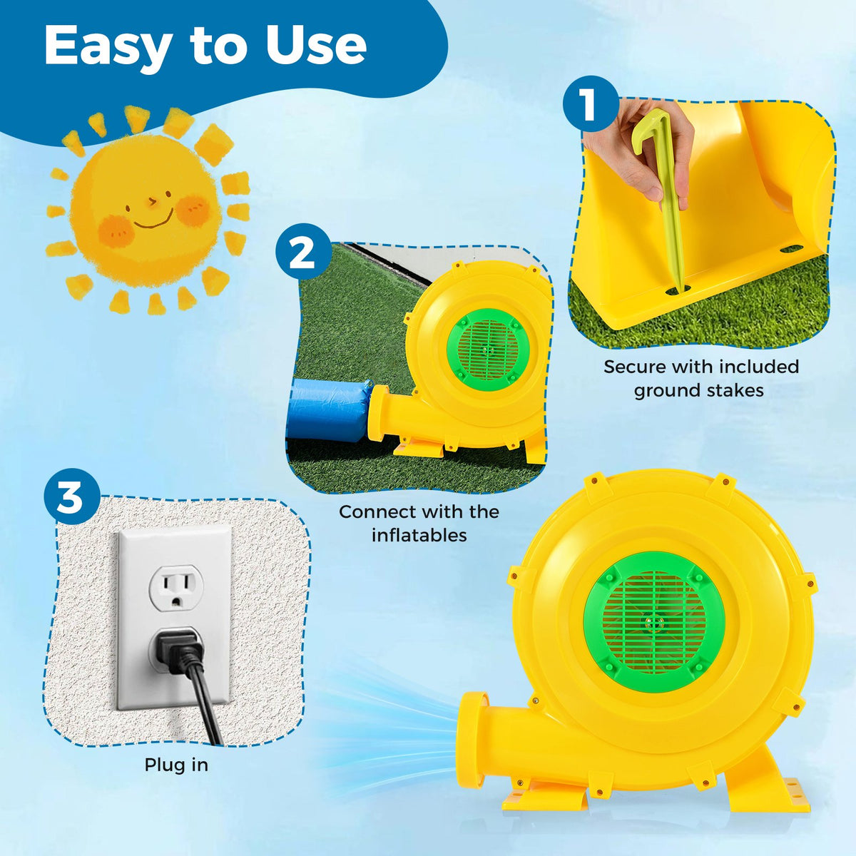 980W Bounce House Blower 1.31 HP Portable Air Pump Fan with Handle and Ground Stakes view 8
