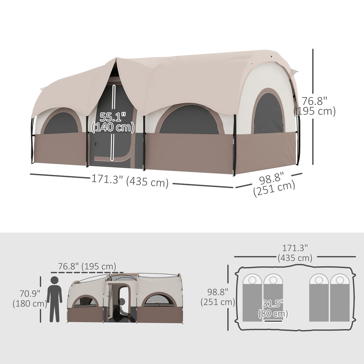 4 Person Camping Tent, 3 Room Cabin Tent, 3000mm Waterproof and UPF30+ with Sewn in Groundsheet and Carry – view 9