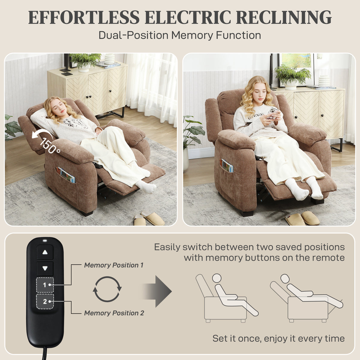 Massage Recliner Chair, Power Recliner with Quiet Brushless Motor, Remote, Pockets, 2 Memory Positions – view 10