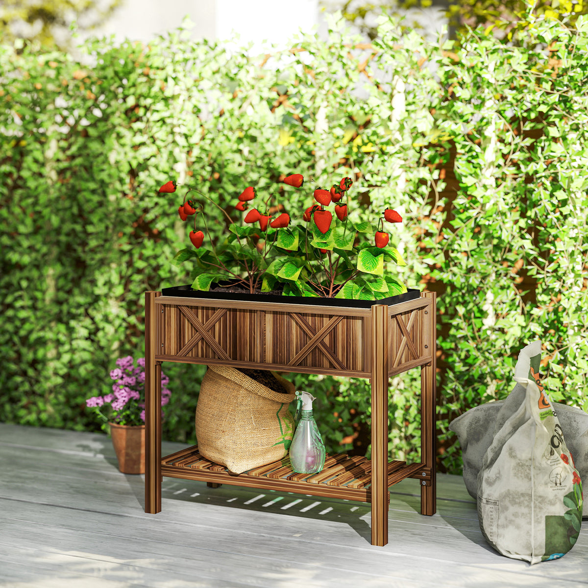Wooden Raised Garden Bed, Elevated Planter Box with Storage Shelf, Drainage Holes and Liner – view 14