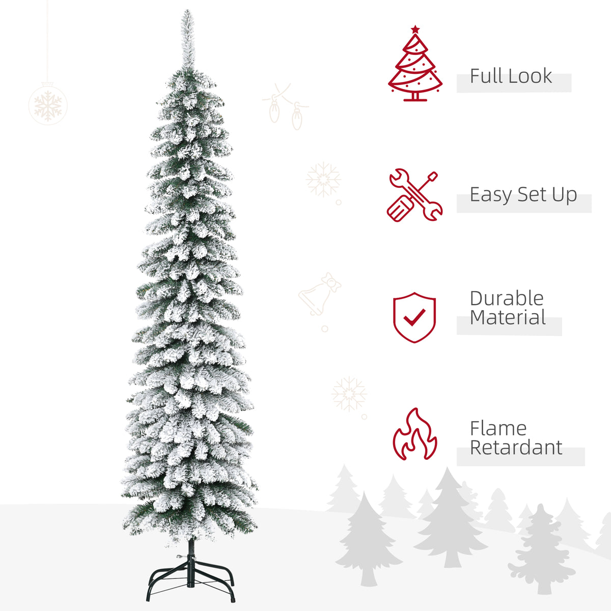 6 Ft Snow-Flocked Artificial Christmas Tree, Slim Pencil Xmas Tree with Realistic Branches, Metal Base – view 6
