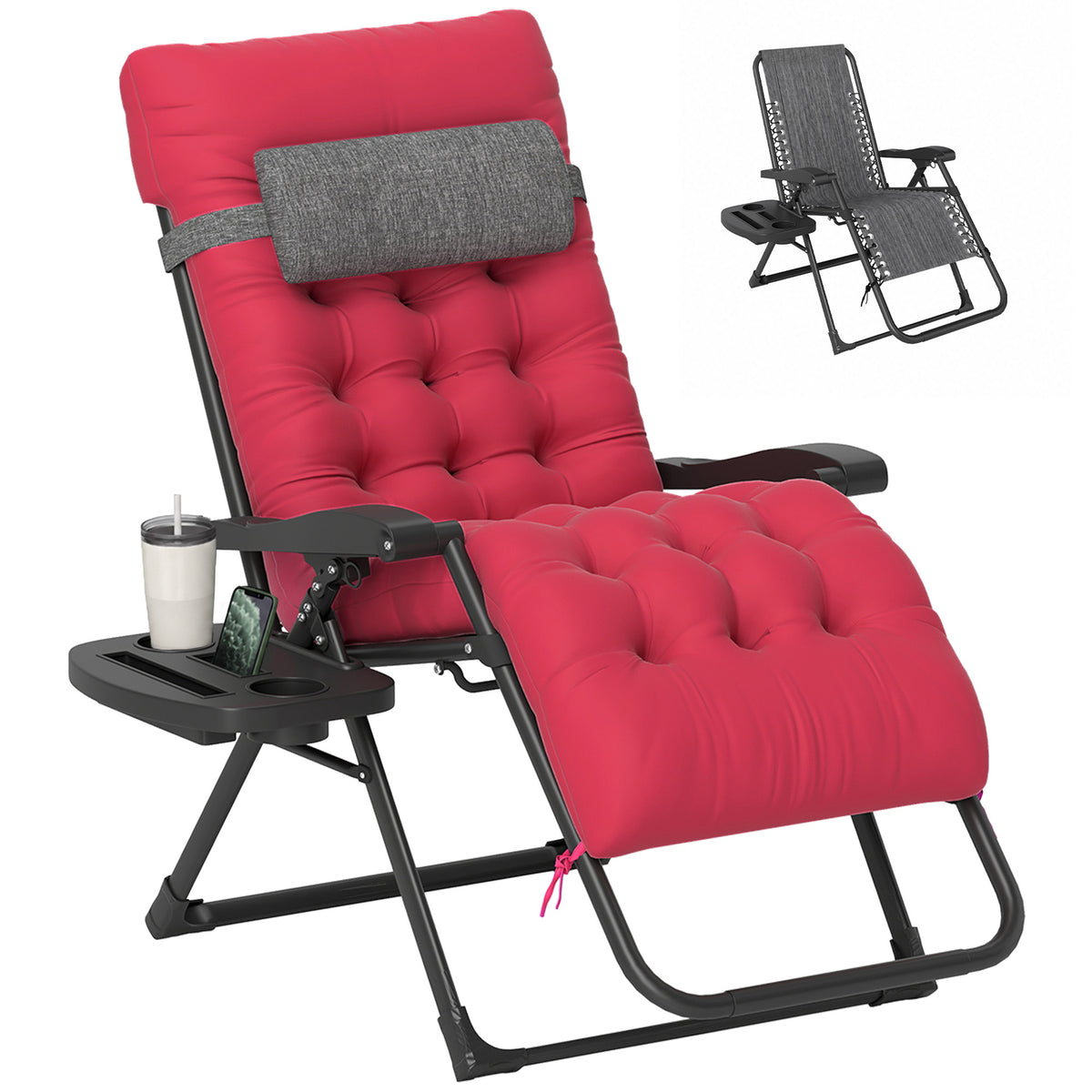 Padded Folding Recliner Chair, Patio Lounger with Cupholder, Adjustable Backrest, Removable Cushion, Black – view 15