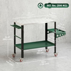 2Tier Rolling Welding Table, Lockable Steel Heavy Duty Welding Workbench Table with Side Tray, Silver & Green