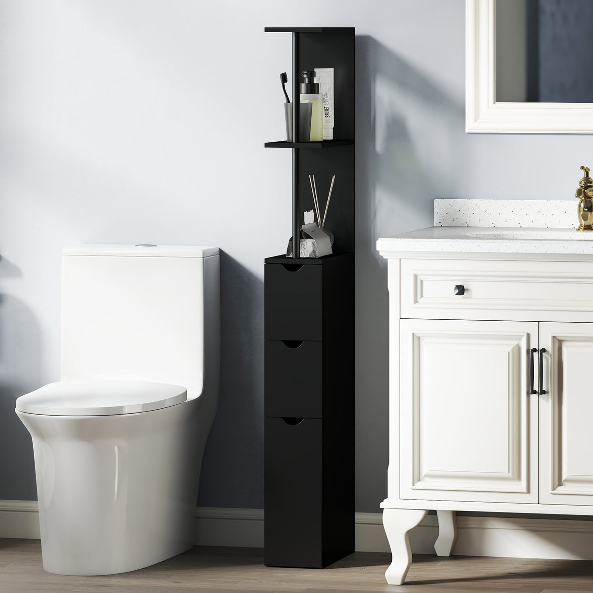 Tall Bathroom Storage Cabinet, Narrow Bathroom Cabinet with Drawers and Open Shelves for Small Spaces – view 16