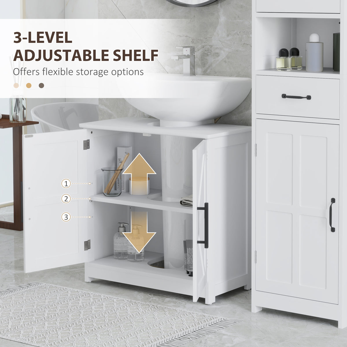 Farmhouse Pedestal Sink Storage Cabinet, Bathroom Under Sink Cabinet with 2 Barn Doors and Adjustable Shelf, White