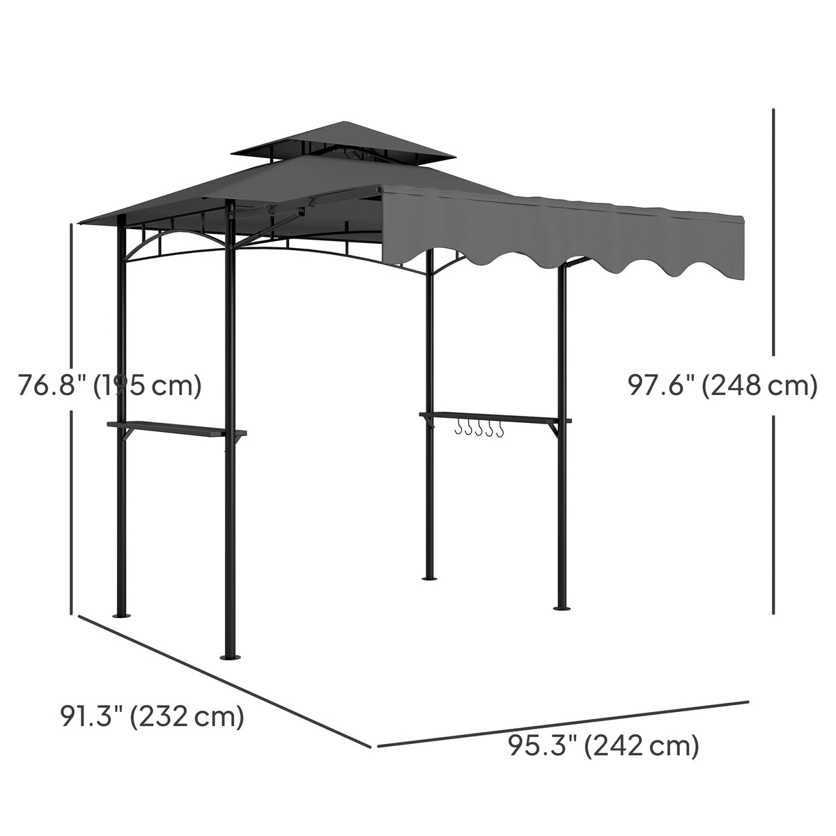 8' x 7.6' Grill Gazebo, Double Tiered Barbecue Grill Gazebo Shelter w/ Side Awning, 2 Side Shelves – view 16