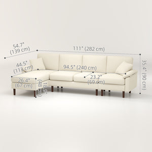 L-Shape Sofa, Modern Sectional Couch with Changeable Chaise Lounge, Pillows and Wooden Legs for Living Room, Cream White
