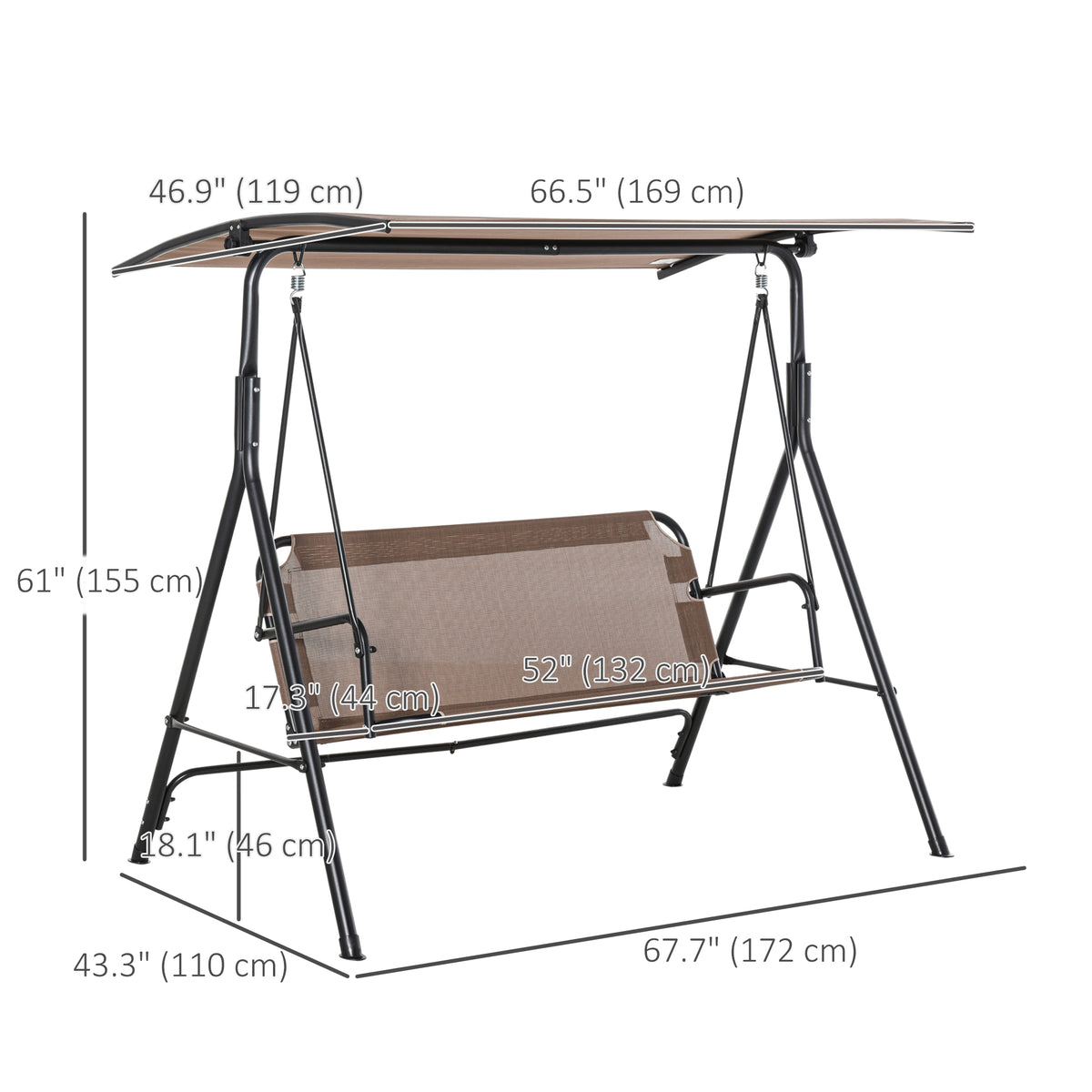 2-Person Porch Swing Chair, 2 Seater Patio Swing Bench w/ Adjustable Canopy, Breathable Seat for Garden – view 9