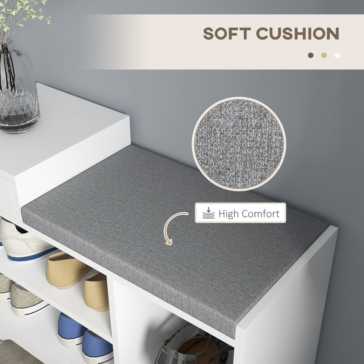 Upholstered Shoe Storage Bench, Hallway Shoe Storage with Seat, Drawer, 3 Open Shelves for Entryway, Grey – view 19