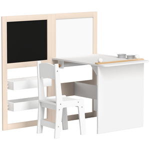 Qaba 3 in 1 Kids Table and Chair Set with Foldable Easel, Storage Shelves, Roll Paper, White