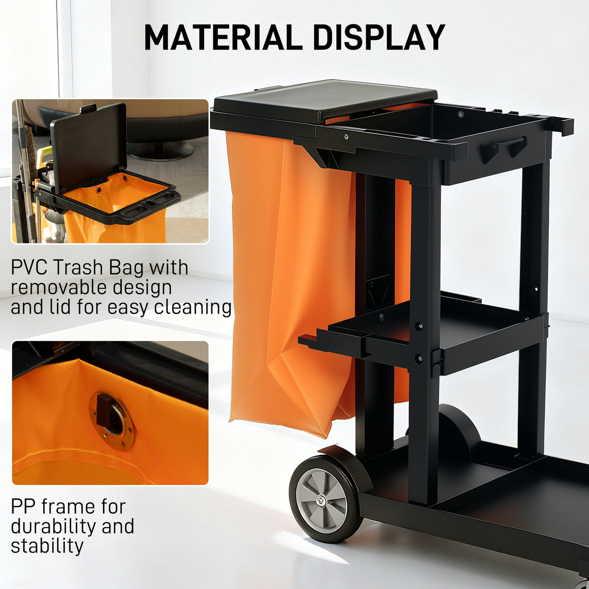 Commercial Janitorial Cart with 3 Tier Shelves, Professional Cleaning Cart with Rubbish Bag with Lid and – view 12