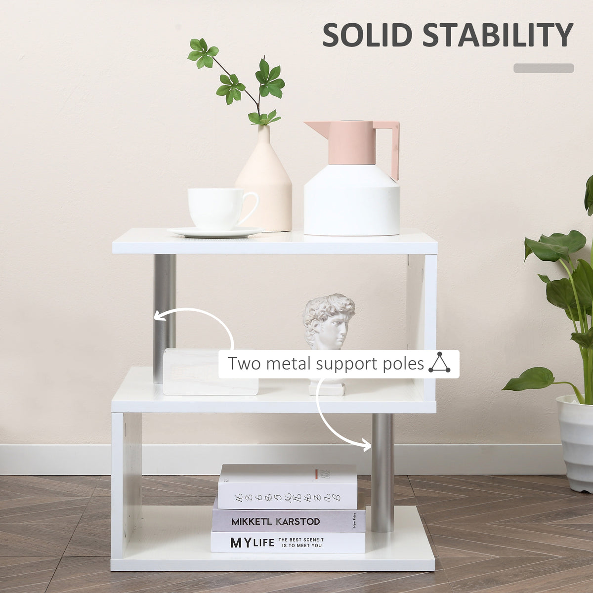 Wooden S Shape End Table 3 Tier Storage Shelves Organizer Living Room Side Table Desk White