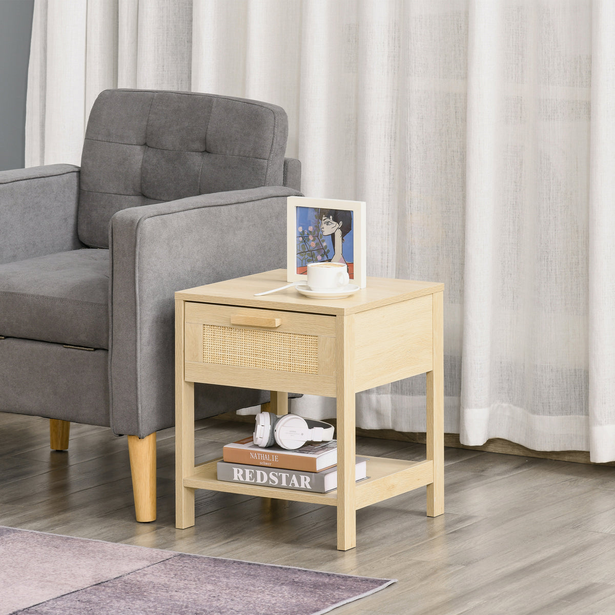 Narrow Nightstand with Rattan Elements, Bedside Table with Drawer and Storage Shelf for Bedroom, Natural – view 7