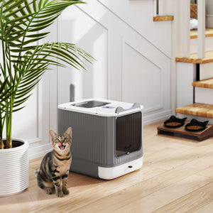 Litter Box with Lid, Enclosed Kitty Litter Box with Front-Entry, Top-Exit, Scoop, Deodorizer Bag for Medium Cats, White