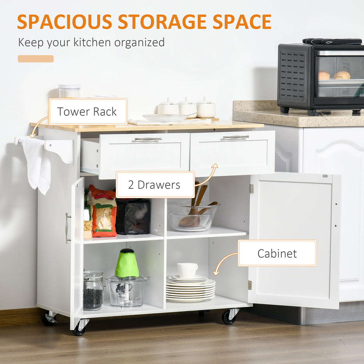 Rolling Kitchen Island with Storage Drawers, Kitchen Cart with Rubber Wood Top, Cabinet & Towel Rack, White – view 5