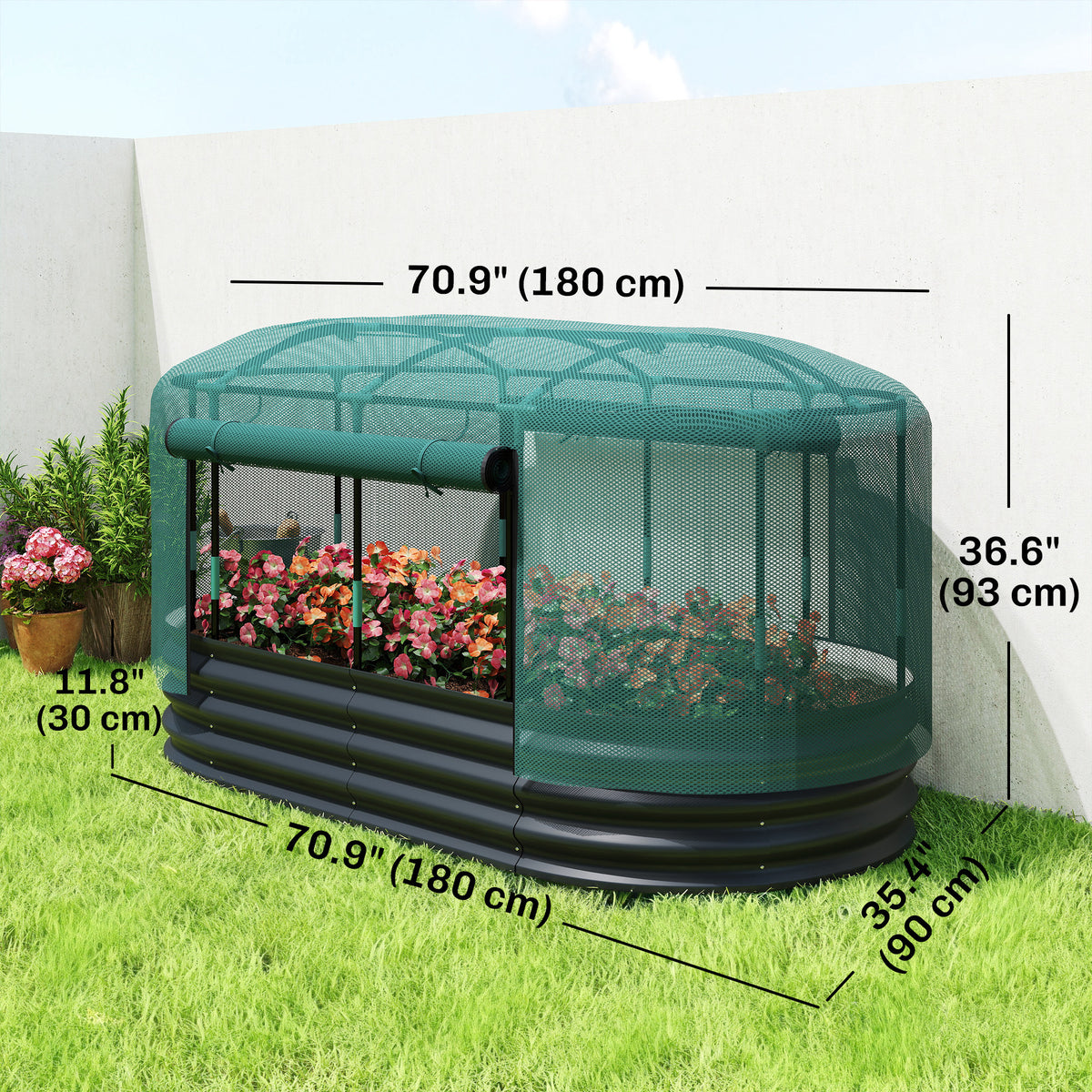 6' x 3' Galvanized Raised Garden Bed with Crop Cage Net Cover and Watering System, Outdoor Planter Box, Dark Grey