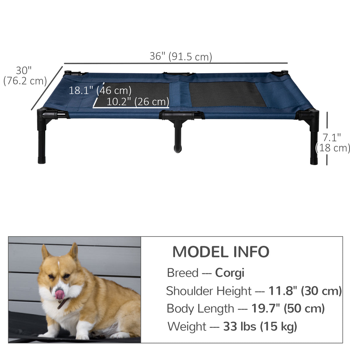 Elevated Dog Bed, Raised Dog Cot for M Sized Dogs, Indoor & Outdoor, 30" x 24" x 7", Blue – view 16