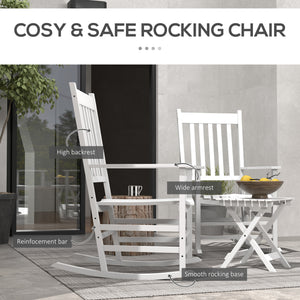 3 Pieces Outdoor Rocking Chair Set, Wooden Patio Rocking Chair Set with Folding Table, High Back and Armrests, White