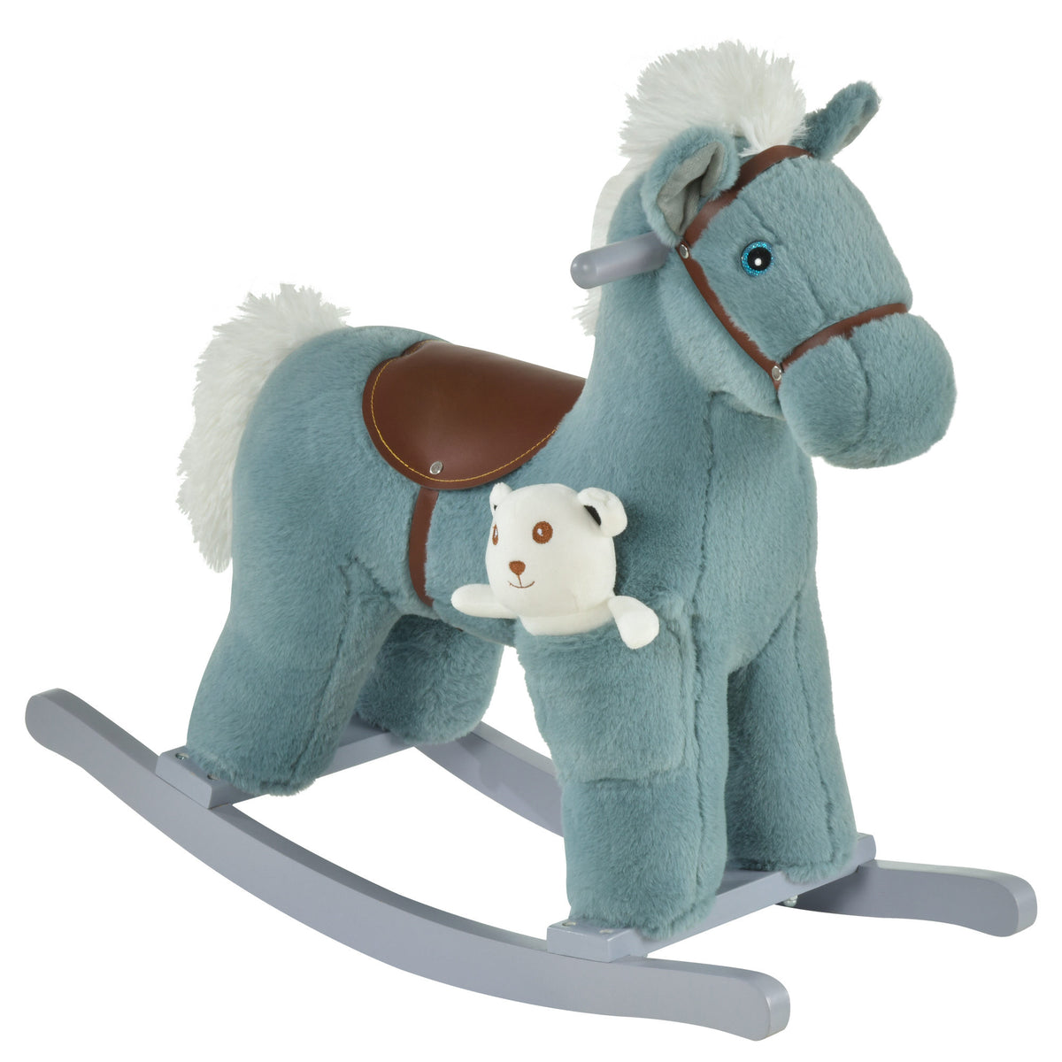 Qaba Kids Rocking Horse Plush Animal on Wooden Rockers with Sounds, Wooden Base and Bear Toy, Baby Rocking Chair
