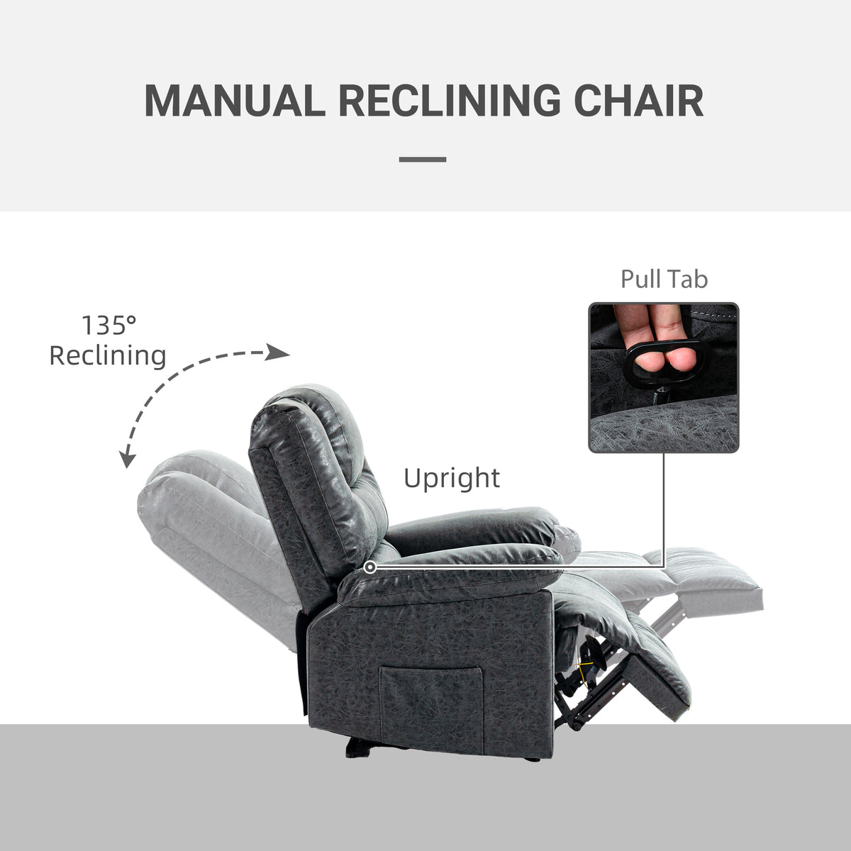 PU Leather Reclining Chair, Manual Recliner Chair for Living Room with Footrest, 2 Side Pockets, Steel Frame, Black