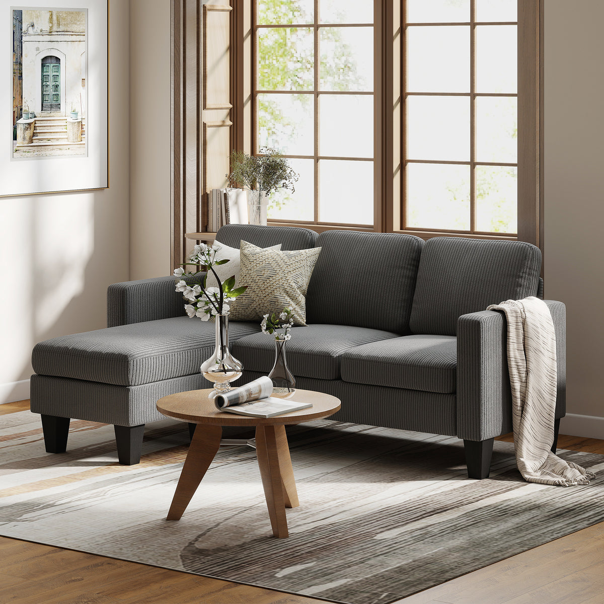 Sectional Sofa, L Shaped Couch, with Changeable Chaise or Ottoman, Dark Grey – view 7