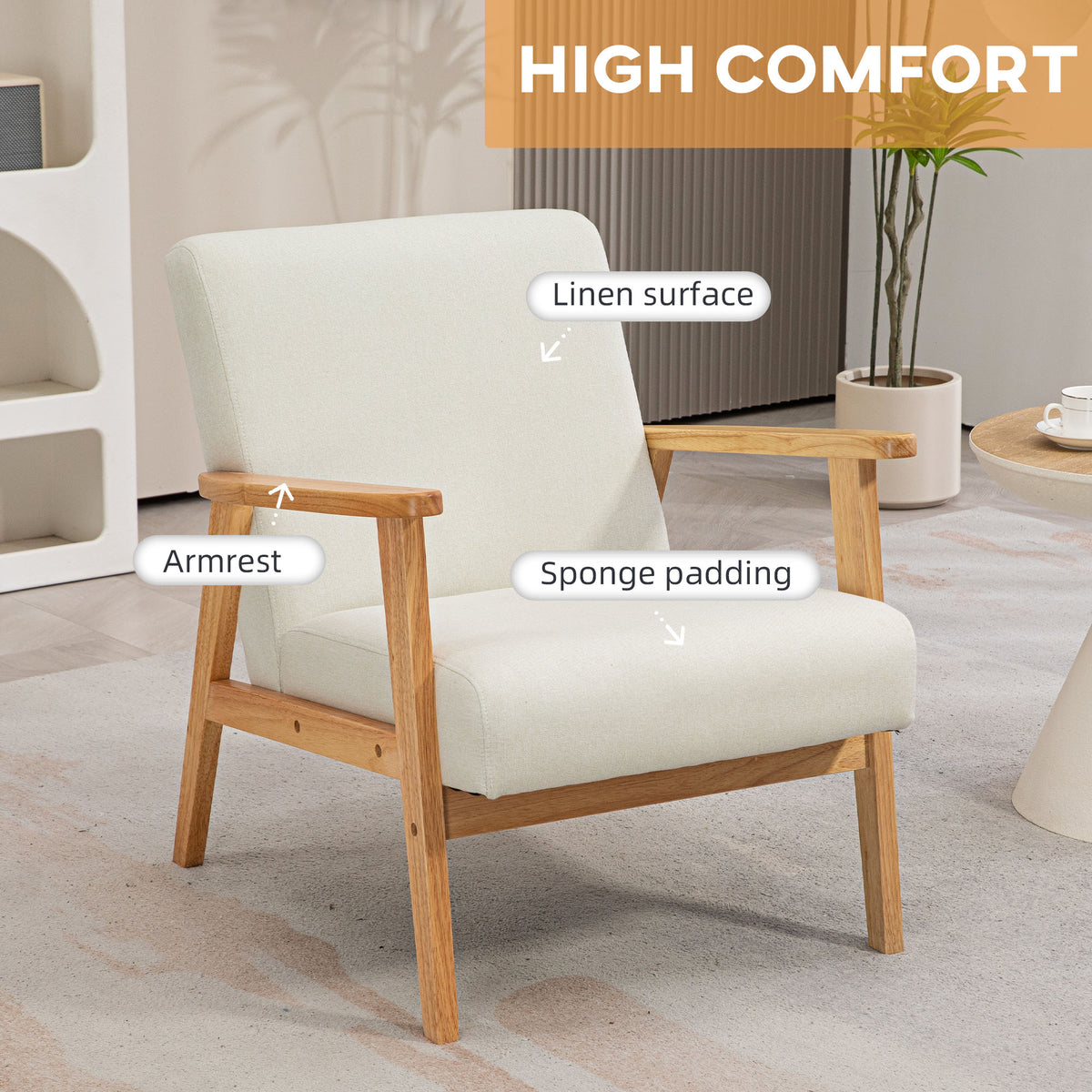 Mid-Century Modern Accent Chair Retro Fabric Armchair Wooden Arm Upholstered Lounge Chair for Living Room Floral