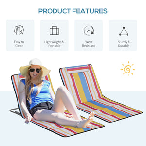 Set of 2 Beach Lounge Chair Sun Lounger, Folding Ground Beach Mat w/ Adjustable Back, Steel Frame, Head Pillow and Carry Bag for Backyard Lakeside, Red and White