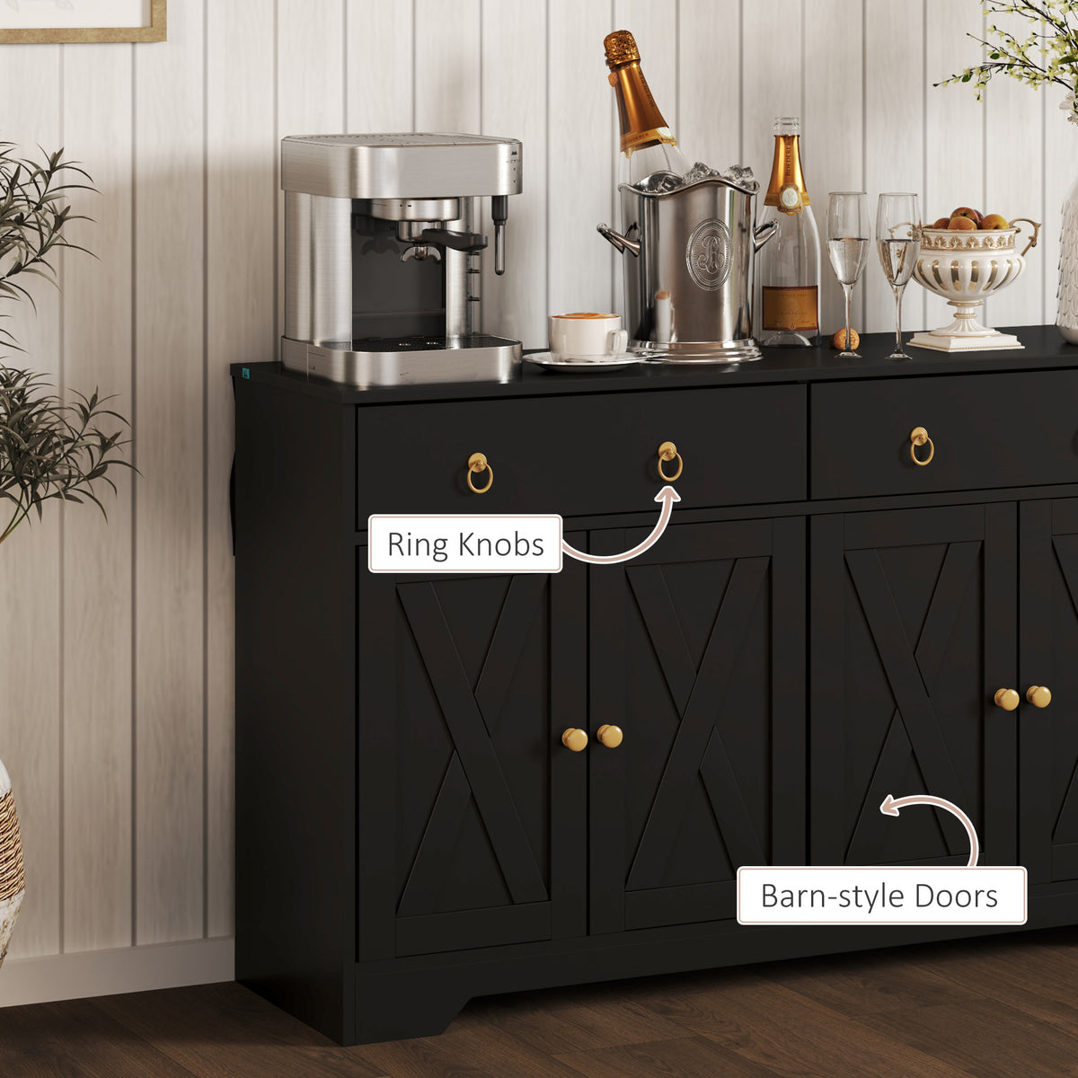 Sideboard Cabinet with 2 Drawers, 4 Barn Doors and 2 Adjustable Shelves, Buffet Table for Living Room, Black – view 5