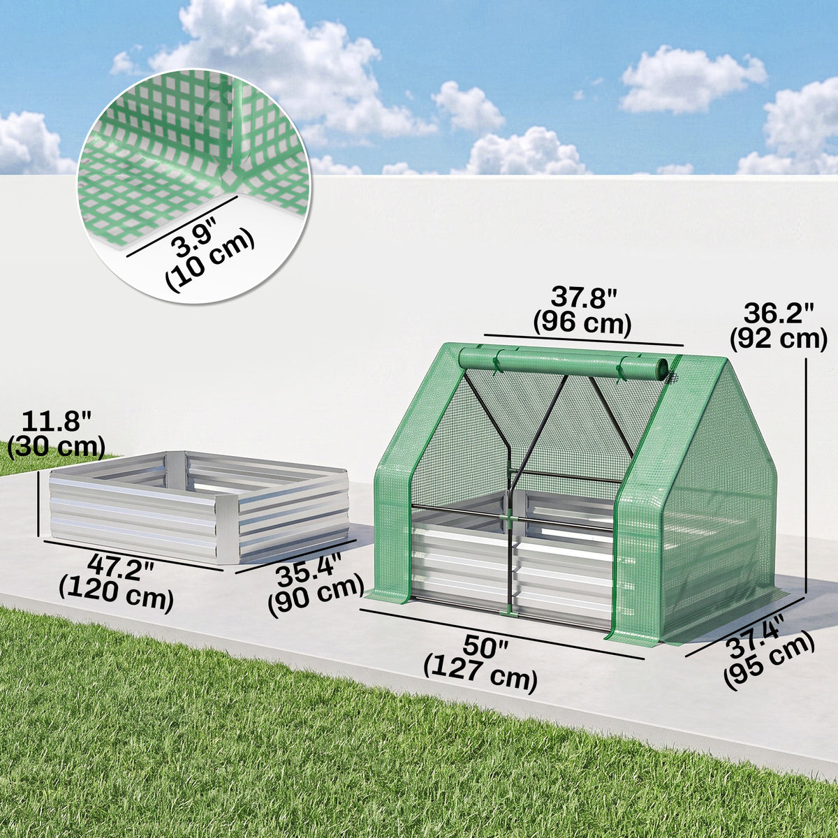 Steel Outdoor Raised Garden Bed with Greenhouse,Cover, Roll Up Door, Dual Use, 50"x37.4"x36.2", Green